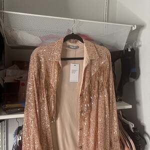 Blue b sequin fringe button up blouse